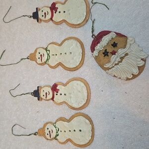 Vintage Lot Of 5 Christmas Ornaments Cookie Clay Dough, Santa, Snowman